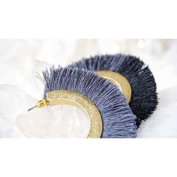 NEW! Black Charcoal Two Tone Tassel Hoop Earrings - Picture 7 of 10